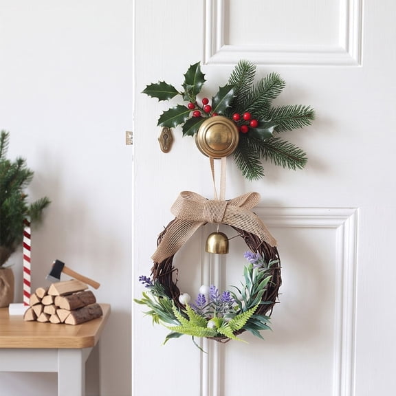 Christmas Wreath 5.91 Inch Small Front Door Hanging Decoration with Gold Bell and Bow for Home Window Wall Indoor Holiday Ambiance