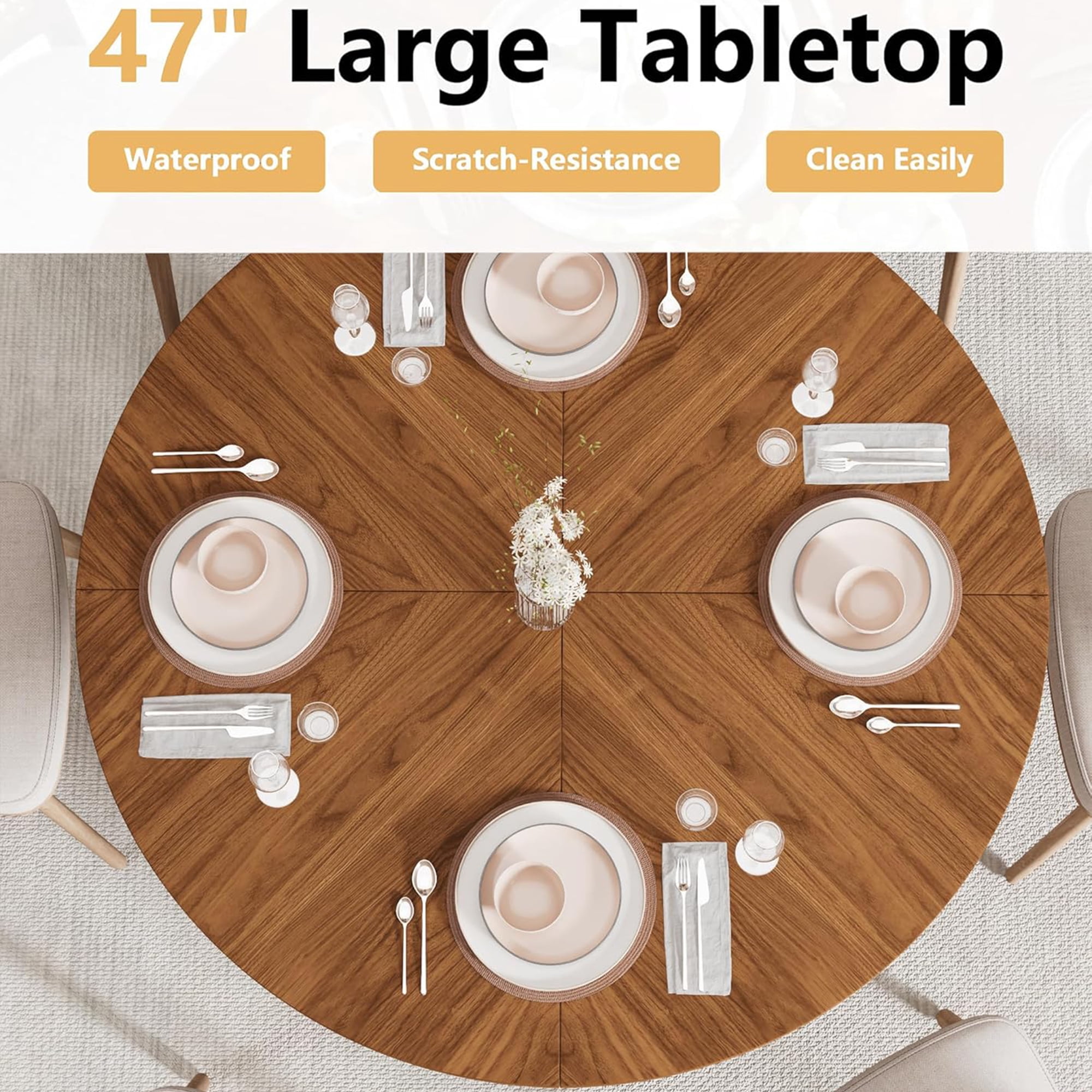 Fiogmub 47 inch Round Dining Table for 4, Circle Kitchen Table with Storage Shelf, Modern Dinner Table for Living Room, Walnut