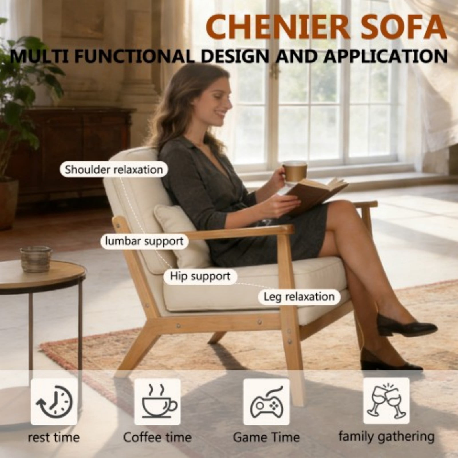 Mid-Century Modern Lounge Chair Single Living Room Chair with Lumbar Pillow, Upholstered Accent Chair with Straight Wood Armrests for Bedroom Indoor, Beige
