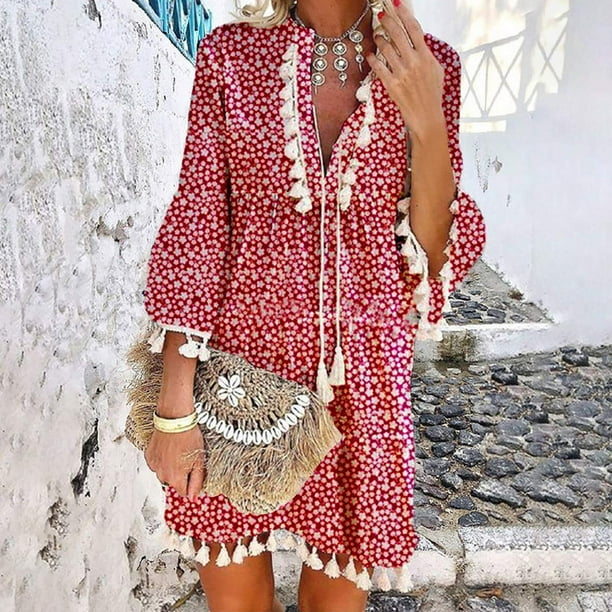 Puntoco Vestido De Manga Corta Con Cuello En V, Vestido De Manga Tres Cuartos De Encaje Con Borlas Estampado De Verano Para Mujer Rojo S