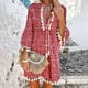 thumbnail image 1 of Puntoco Vestido De Manga Corta Con Cuello En V, Vestido De Manga Tres Cuartos De Encaje Con Borlas Estampado De Verano Para Mujer Rojo S, 1 of 6