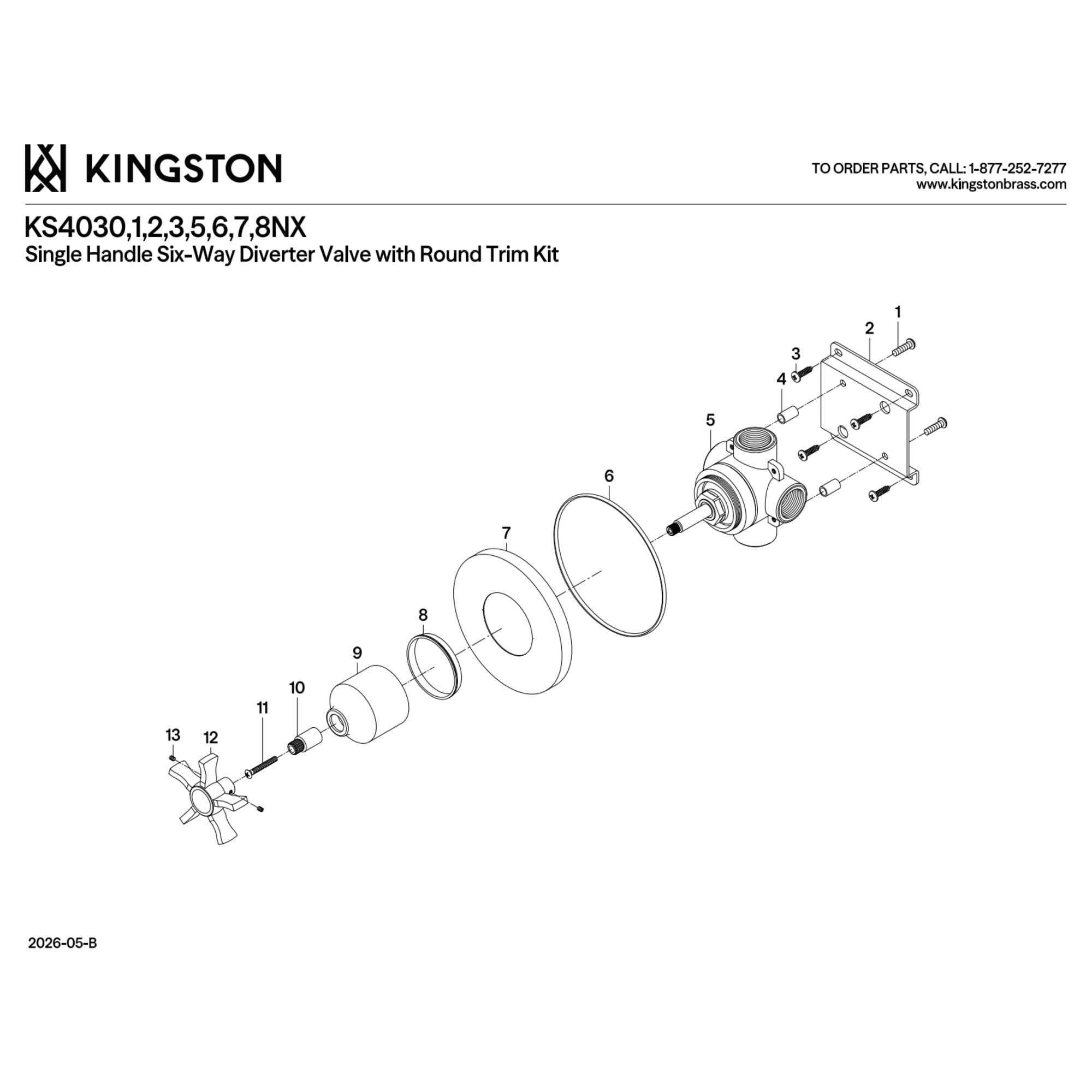 Kingston Brass KS4031NX Hamilton Single-Handle Six-Way Diverter Valve with Round Trim Kit in Polished Chrome