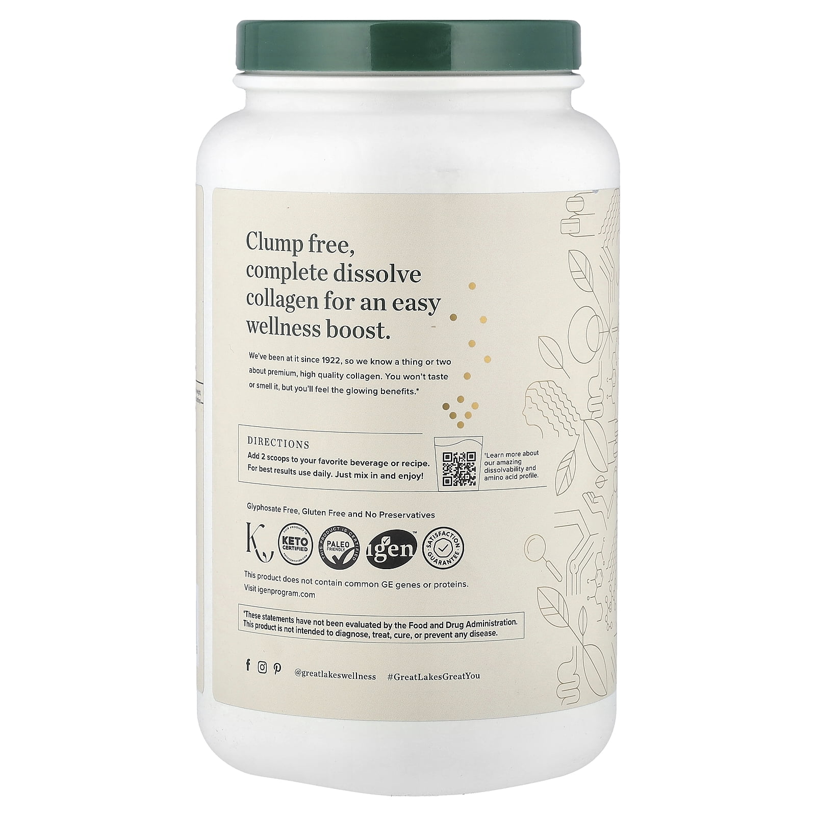 Great Lakes Wellness Grass-Fed Bovine Collagen Peptides, Unflavored, 32 oz (907 g)