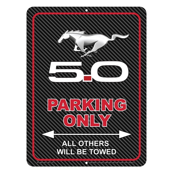 iPick Image for Ford Mustang 5.0 12" x 9" Parking Only Sign in Carbon Fiber Look Glassy Aluminum, Official Licensed