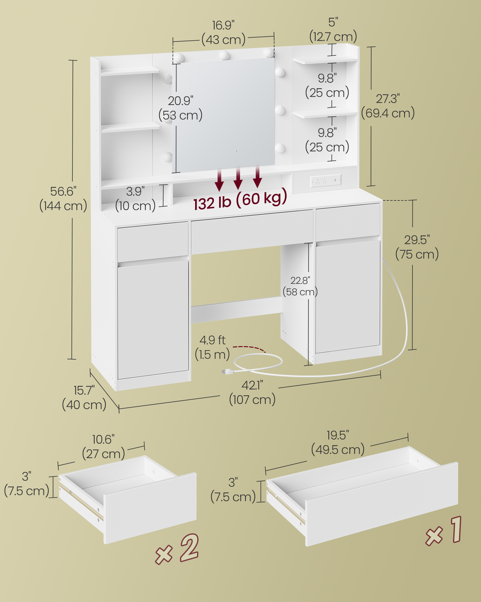 VASAGLE Kailyn Collection - Vanity Desk with Mirror and 9 LED Bulbs, Vanity Makeup Table with Power Outlets, Dressing Table with 2 Cabinets, for Bedroom, Cloud White