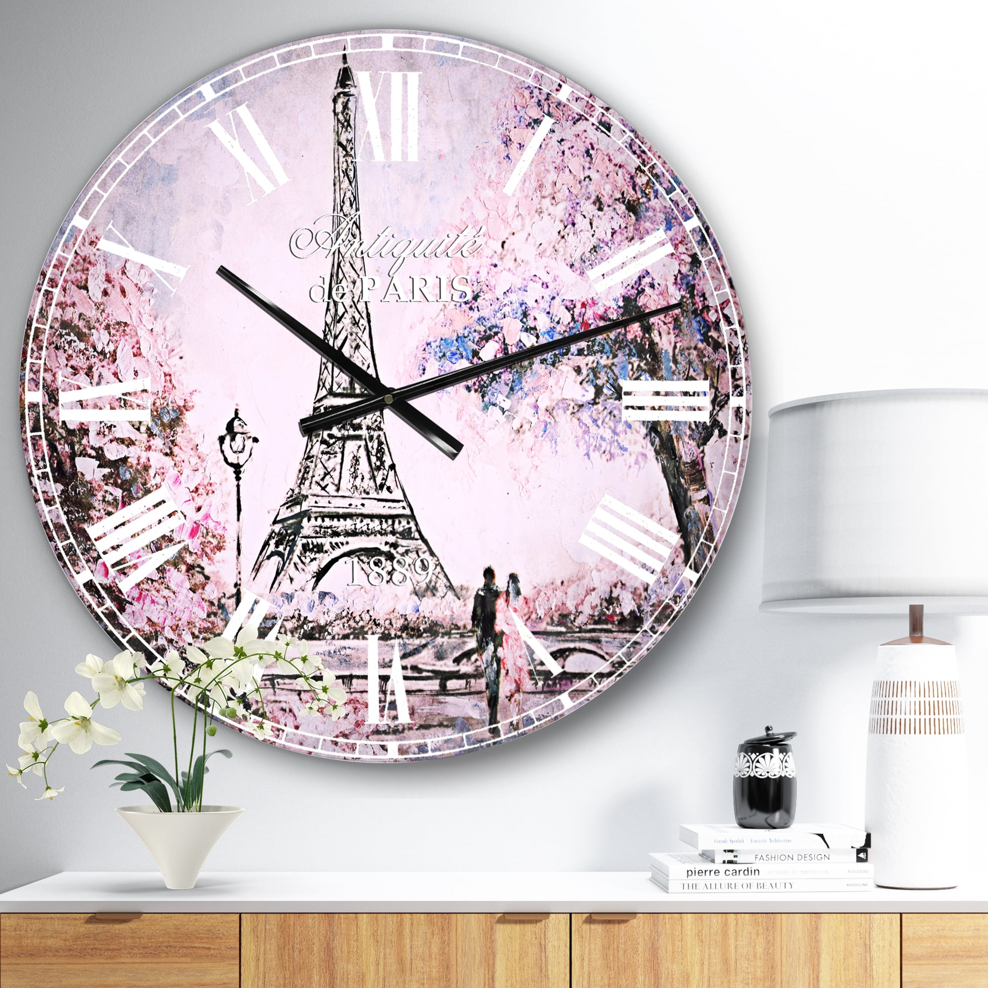 Designart 'Eiffel with Pink Flowers' French Country wall clock