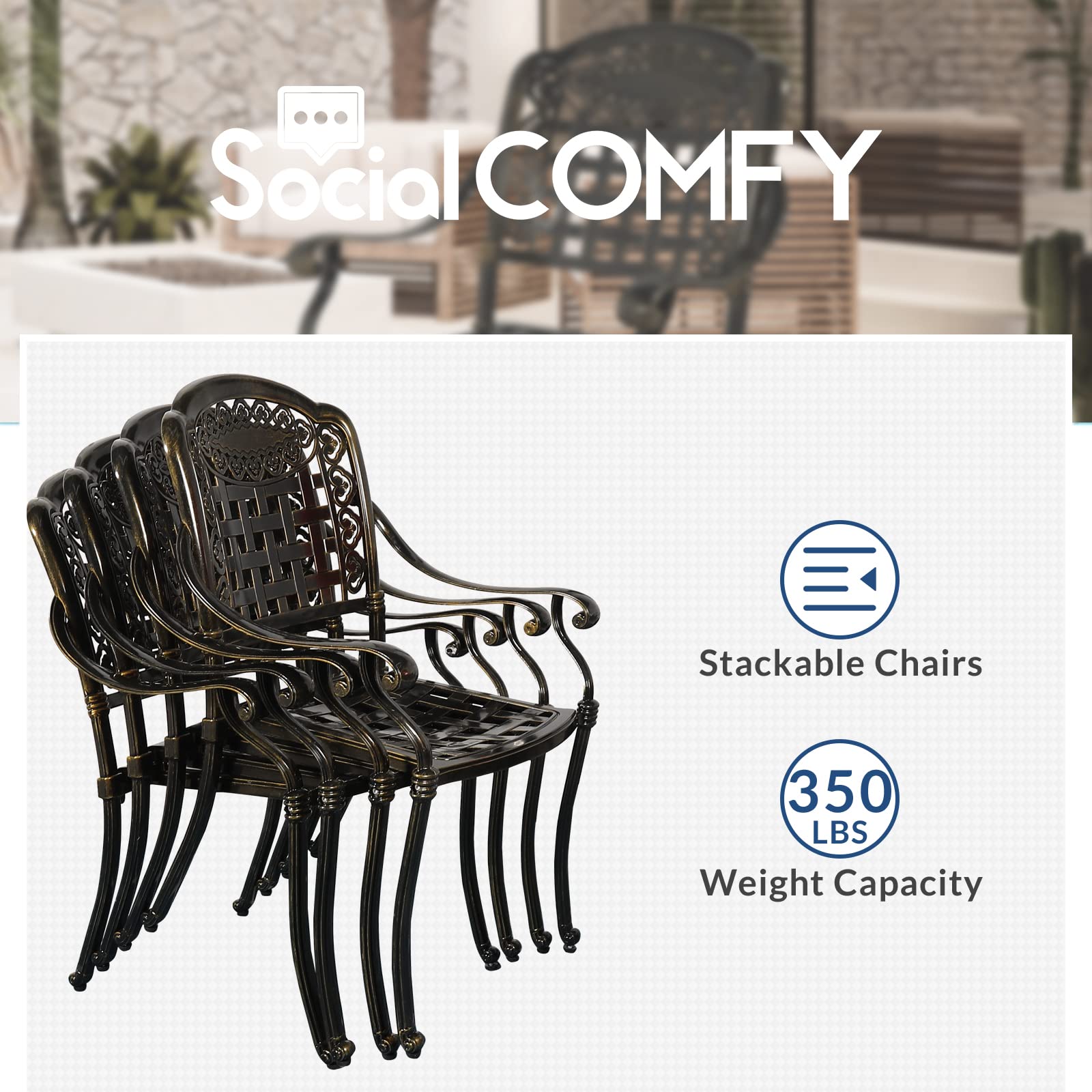 SOCIALCOMFY 3-Piece Outdoor Patio Dining Set, All-Weather Cast Aluminum Furniture Conversation Set, Include 2 Chairs and a 31 inch Round Table with Umbrella Hole for Balcony Lawn Garden Backyard - image 4 of 7