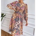 thumbnail image 2 of Vestido de manga larga con farol y dobladillo grande, decoración estampada, cuello redondo, vestido con lazo en la cintura para todas las estaciones, rojo, L, 2 of 6