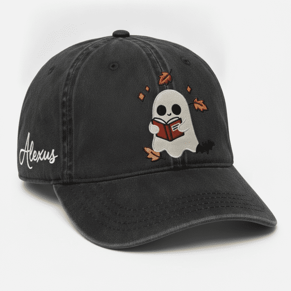 Custom Name Ghost Reading Book Embroidered Hat, Personalized Back to School Bookish Cap, Cute Fall Reader Gift