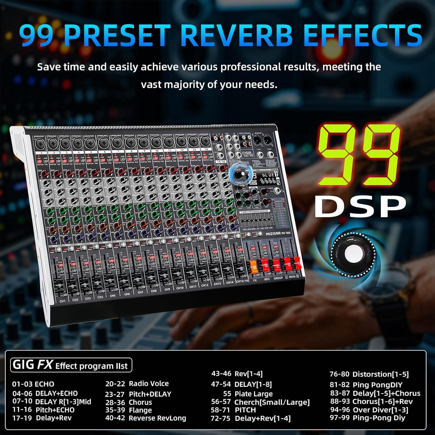 16 Channel Audio Mixer Professional Sound Mixing Board with 99 DSP Effects, 7-band EQ Digital DJ Mixer Console w/USB Bluetooth MP3 for Recording, Independent 48V Power & Mute Button
