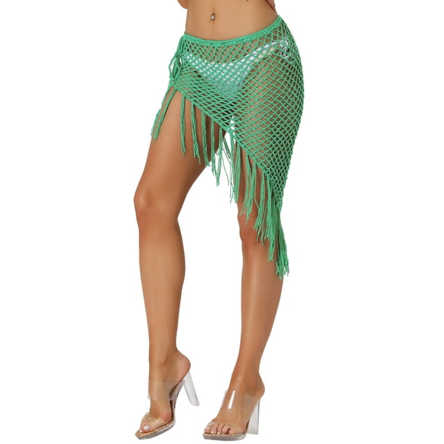 Faldas de borlas huecas para mujeres Inspire Chic, cubiertas de playa, envoltura de red de pescado, malla transparente, sarong maxi, traje de baño S verde