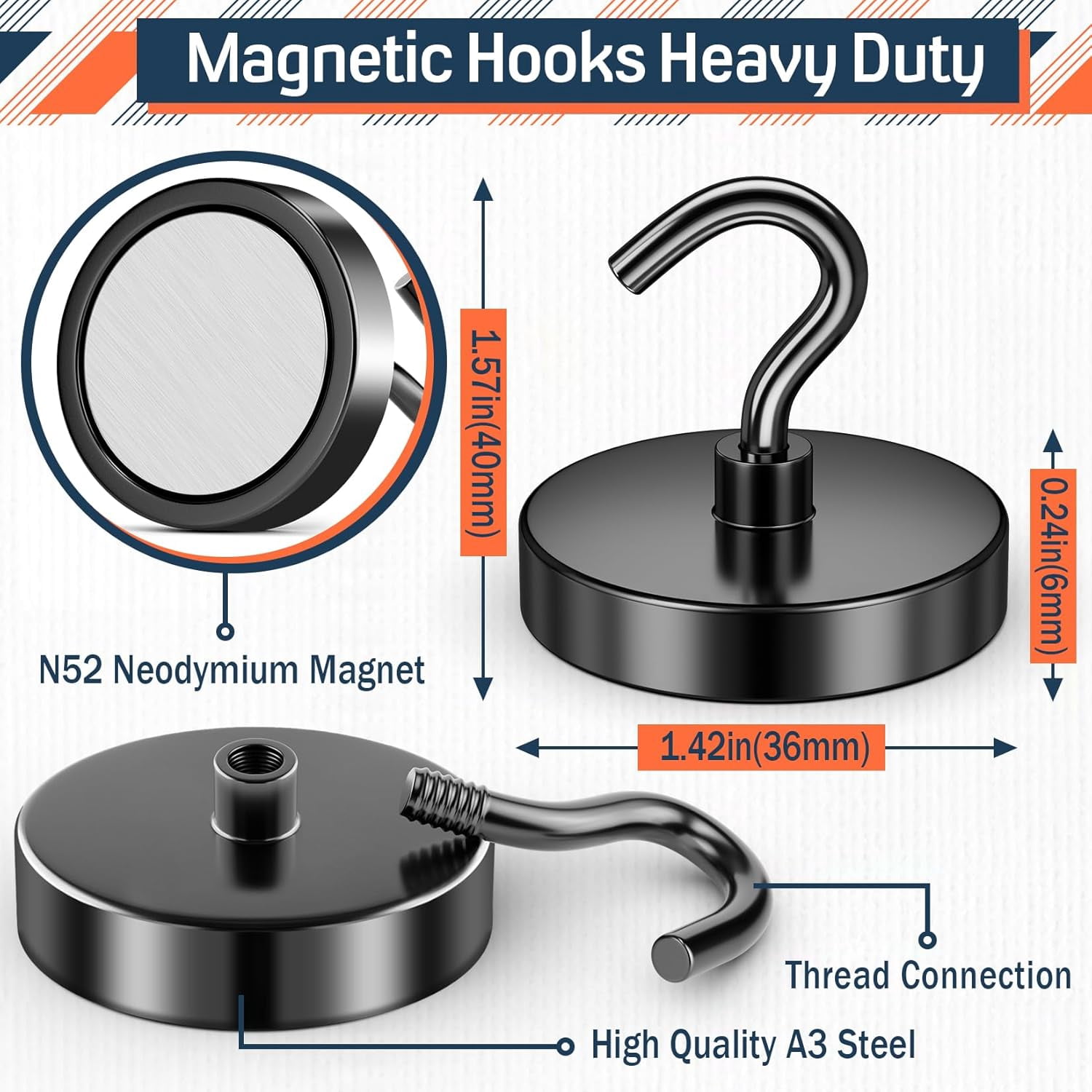 JJEAN-Black Magnetic Hooks for Classroom, 150lbs Magnetic Hooks for Cruise Cabins, Refrigerator, Whiteboard Magnets for Beach Vacation Essentials, Cubicle Accessories, Kitchen Accessories, 6 Pack