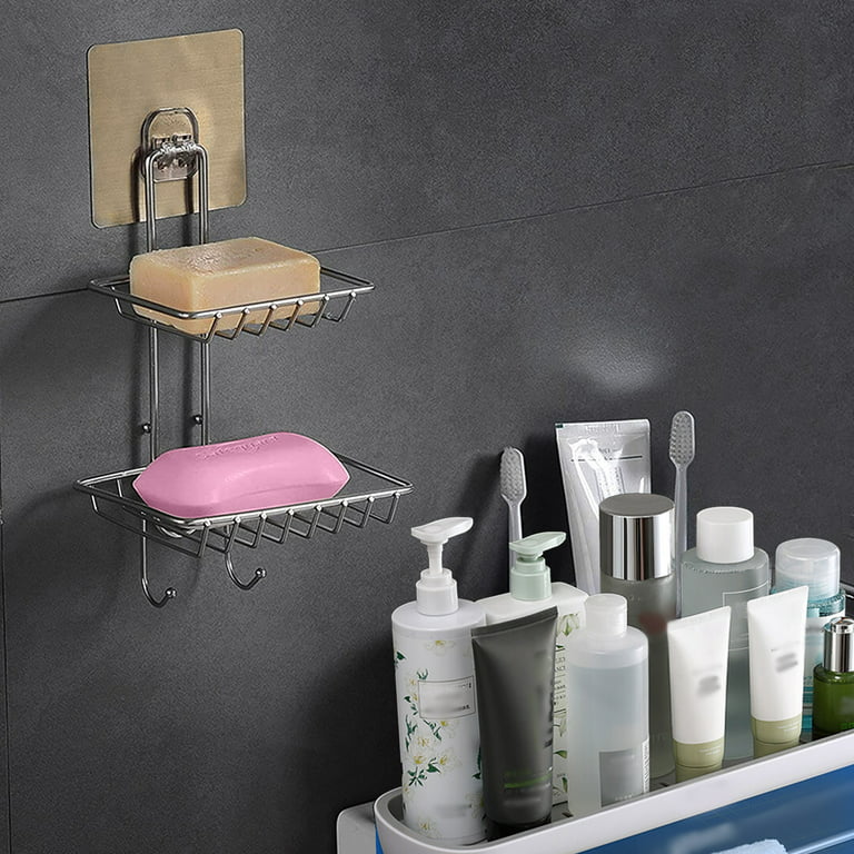 2 Tier Soap Dish Holder, EEEkit Stainless Steel Double Layers Soap Holder  With Hooks, Wall-mounted Bar Soap Sponge Storage Organizer for Shower  Bathroom Kitchen, Non-trace Adhesive No Drilling, Silver 