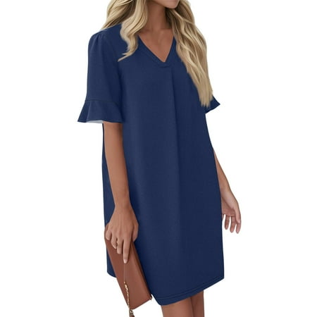Prom Dress  Shift V Neck Short Sleeves Solid Color Casual Flowy Summer Dresses Comfortable Shoes Women Semi Formal Dresses Plus Size Maxi For Curvy Casual Beach Dresses Denim (M  Dark Blue) ZMTing