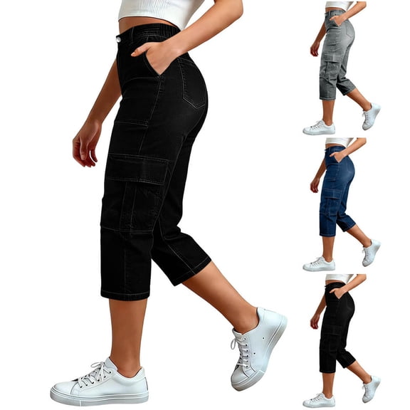 Smsaxvxz Women's Summer Jeans Fashion Straight Leg Casual Solid Denim Pants with Pocket Black S