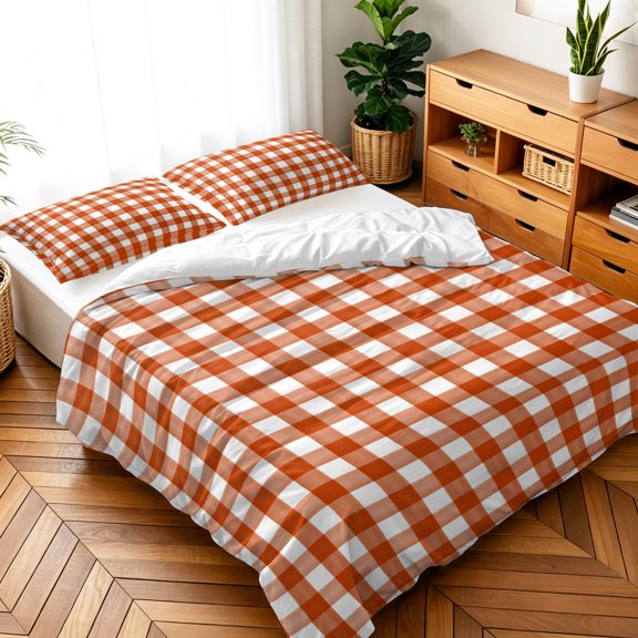 Queen Size 3 Pieces Duvet Cover Sets Orange White Buffalo Checker Bedding Set,Microfiber Soft Comforter Cover with Pillow Shams,Luxury Quilt Covers for Bedroom Decor Classic Lattice Plaid