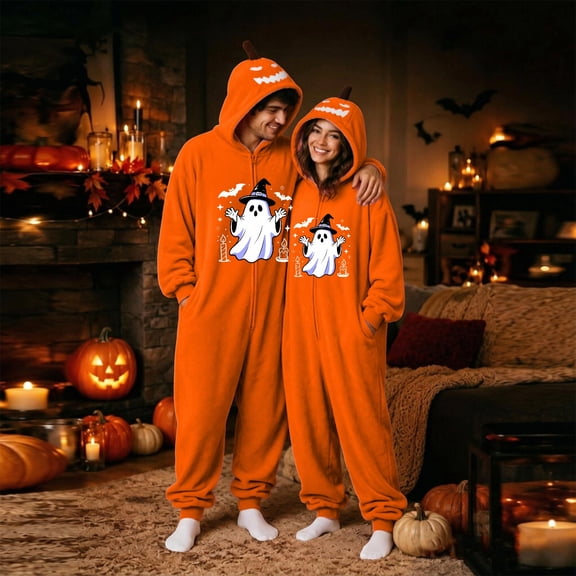 Matching Halloween Onesie Pajamas for Couples, Cozy One Piece Jumpsuit Sleepwear Loungewear Outfit for Holiday Party and Home