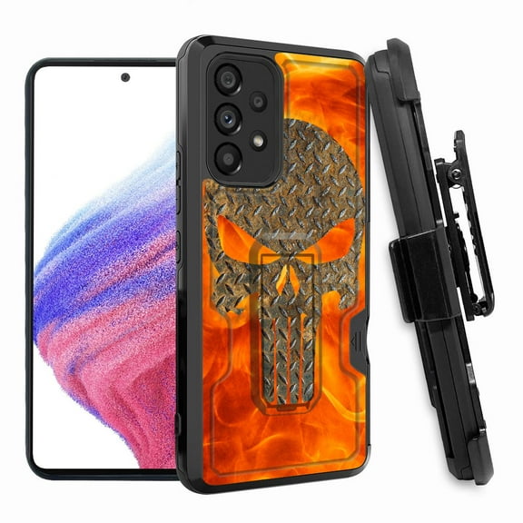 ANJ  Rugged Shockproof Hoster Case w/Card Slot, Kickstand   Tempered Glass Cover for Samsung Galaxy A33 5G - Fiery Steel Skull 2
