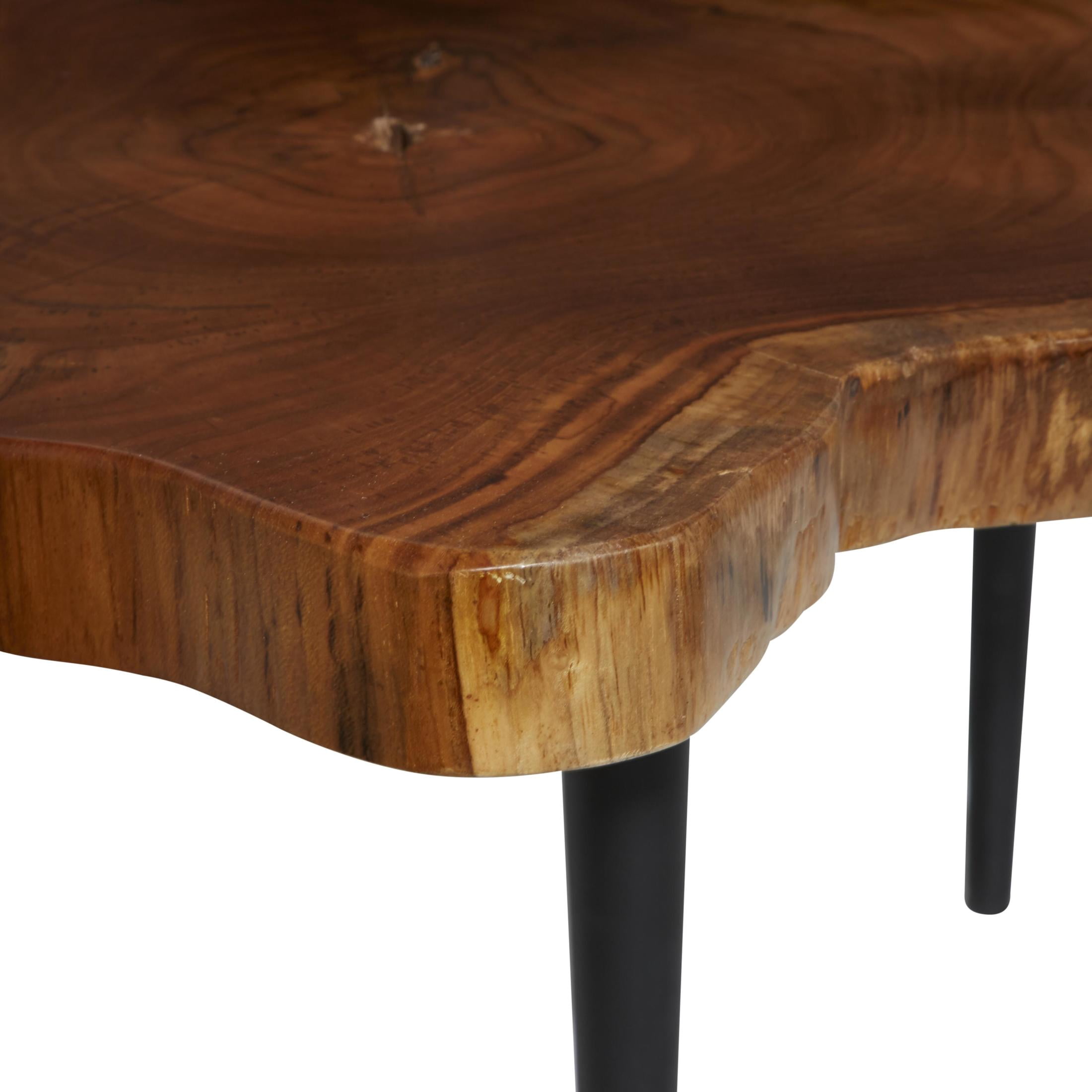 DecMode 32" x 24" Brown Teak Wood Handmade Live Edge 3 Tier Accent Table with Black Metal Base, 1-Piece