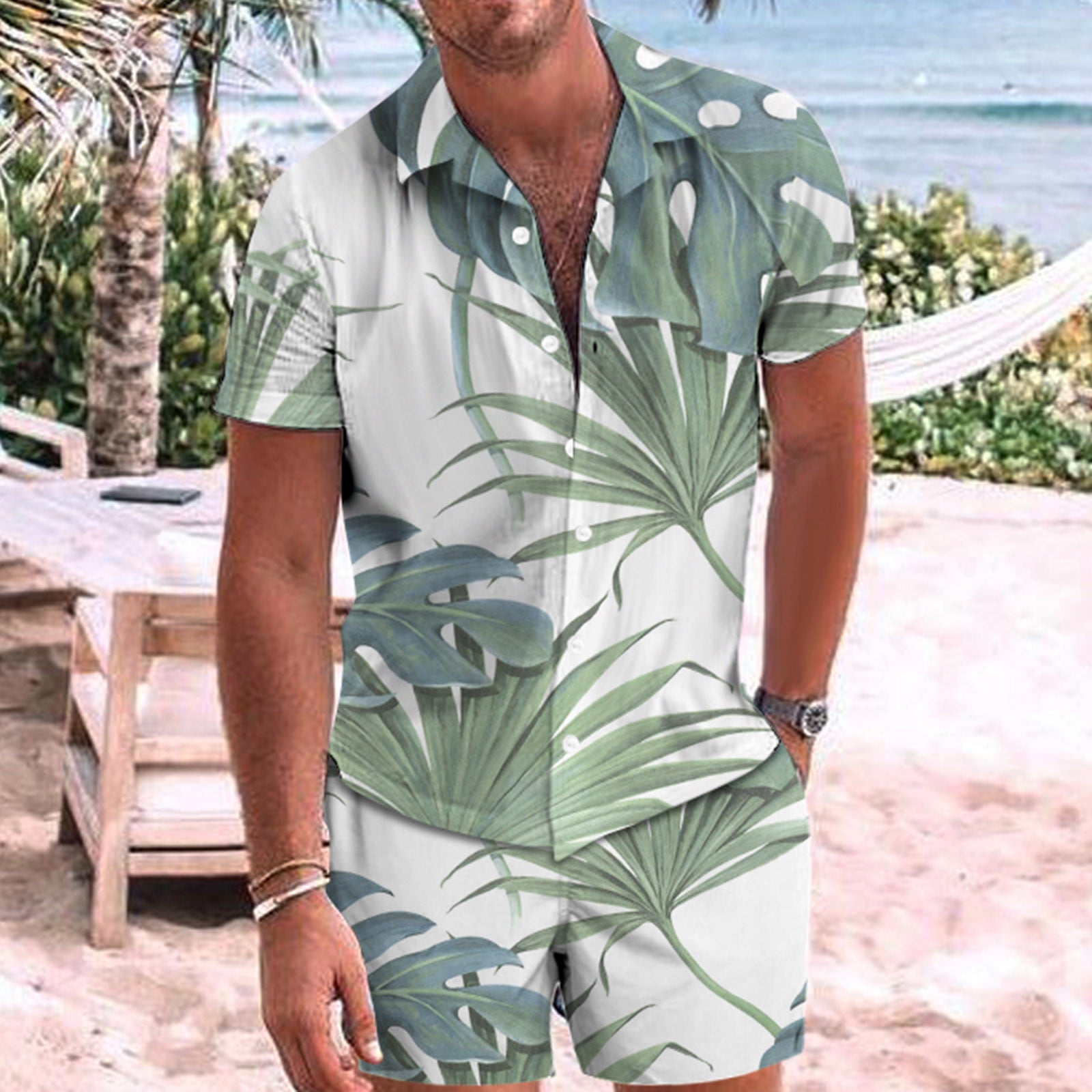XIAOFFENN Men Hawaiian Shirt Pants 2 Piece Set Summer Short Sleeve Boho  Floral Print Button Down Tops Shorts Outfit 10 Green 