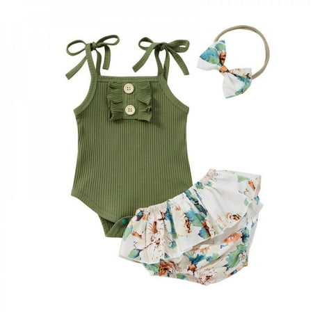 

Summerborn Baby Girls Clothes Baby Sleeveless Romper Flower Jumpsuit Shorts Headband 3Pcs Outfits Set