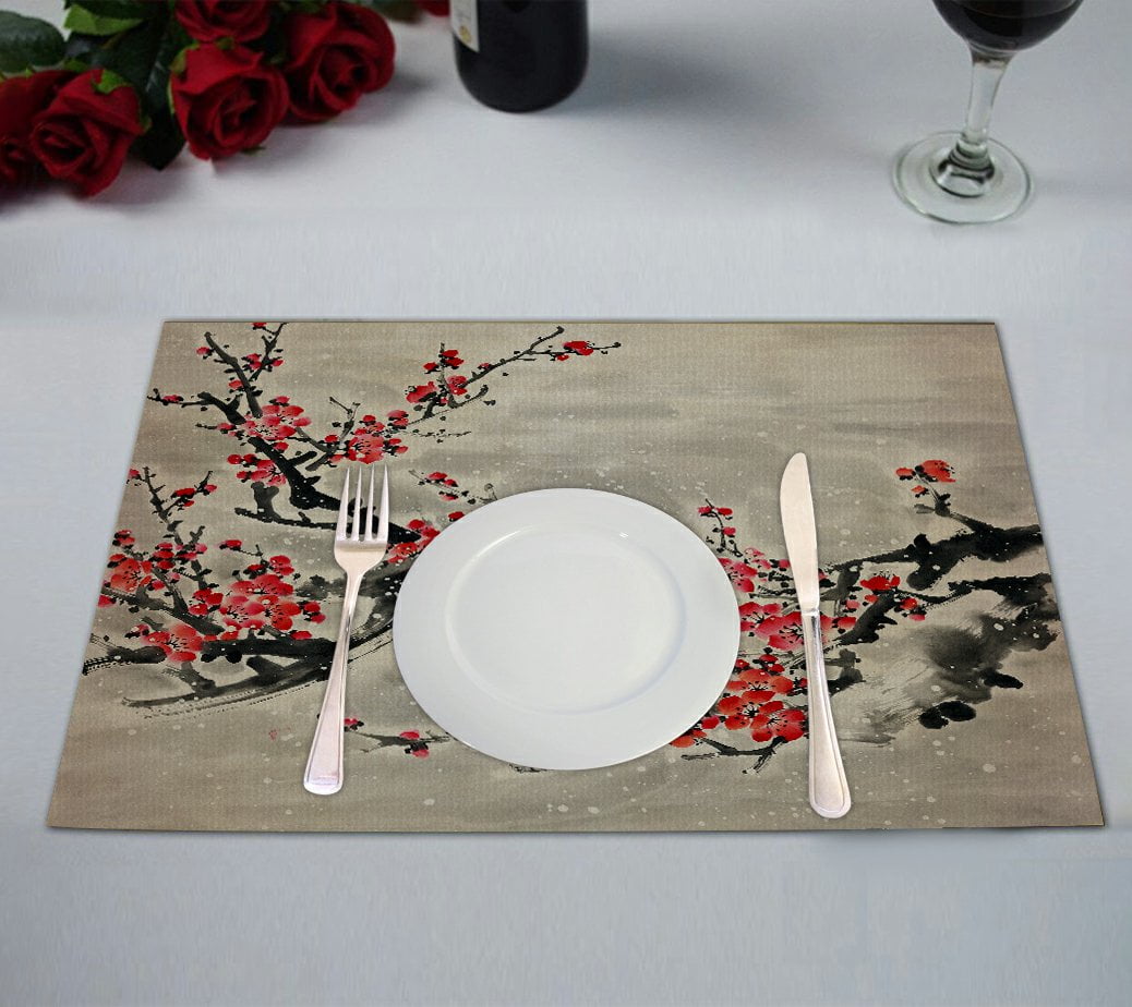 GCKG Asian Placemat, Plum Blossom Traditional Chinese Painting Placemat