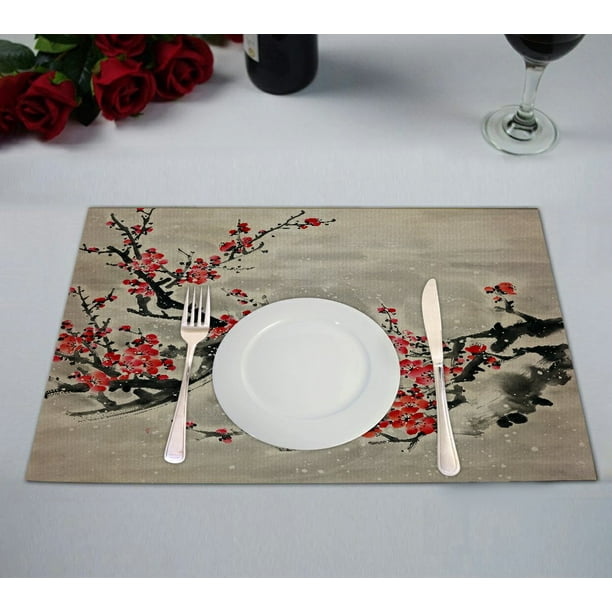 GCKG Asian Placemat, Plum Blossom Traditional Chinese Painting Placemat