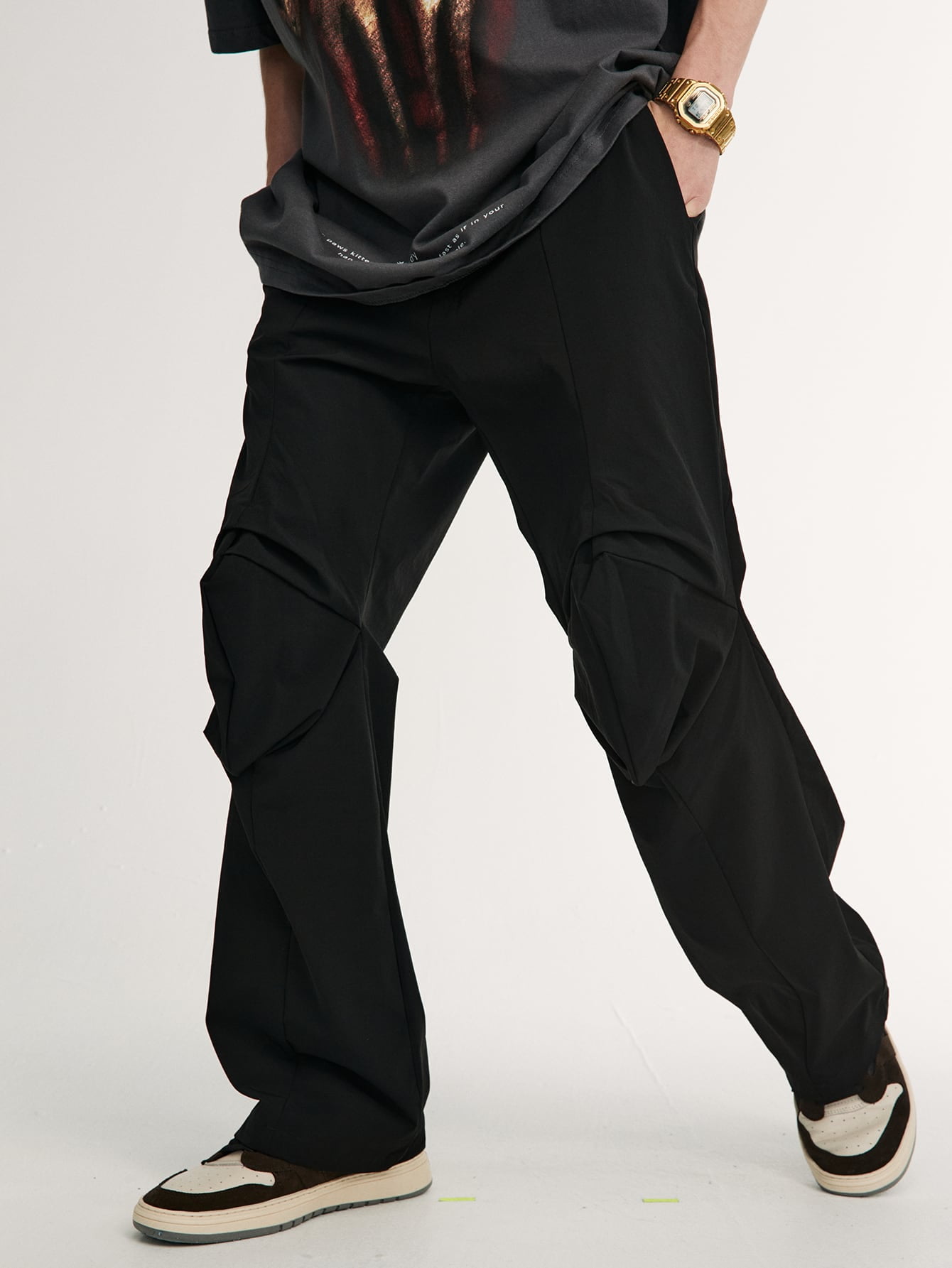 Men Solid Ruched Pants M(6) Black 