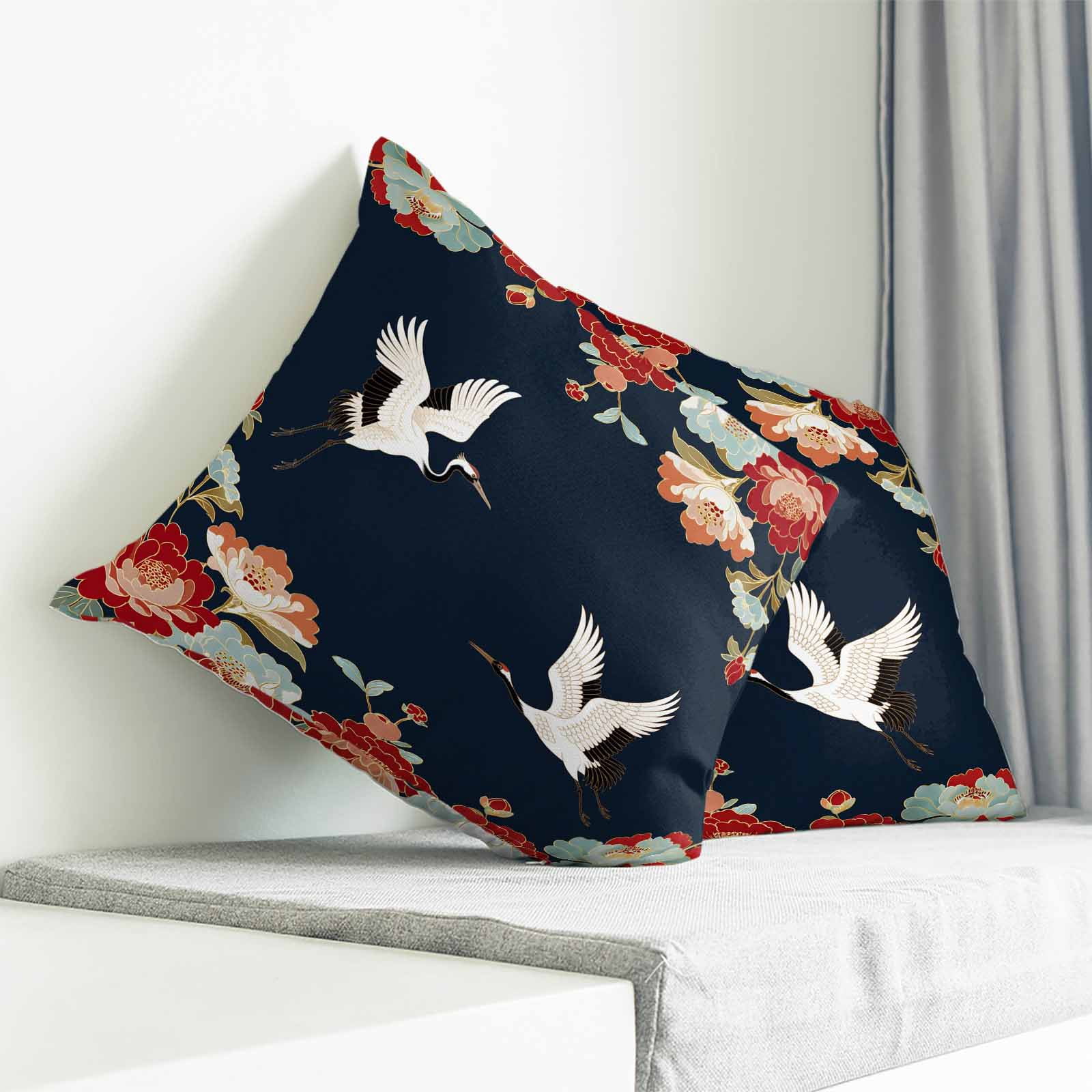 Throw Pillow Covers 26x26 Inch, Navy Blue Crane Decorative Pillow Cases for Couch Sofa Bed, Vintage Red Teal Spring Floral Botanical Cotton Linen Square Home Decor Pillowcases with Hidden Zipper