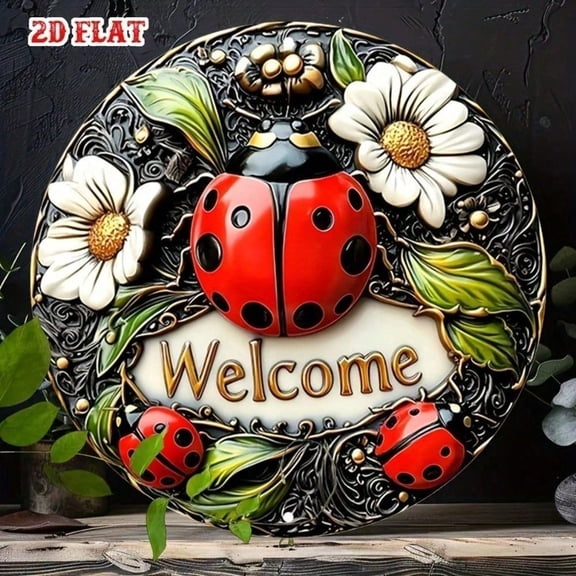 HELLOYOUNG Vintage Metal Welcome Sign Wall Art, Rustic Tin Ladybug 8x8 Floral Decor for Home Garden Kitchen, Handmade Retro Outdoor Indoor Hanging Decor