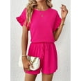 thumbnail image 5 of Women'S 2 Piece Outfits Round Neck Ruffle Short Sleeve Top and Drawstring Shorts Set Red S, 5 of 9