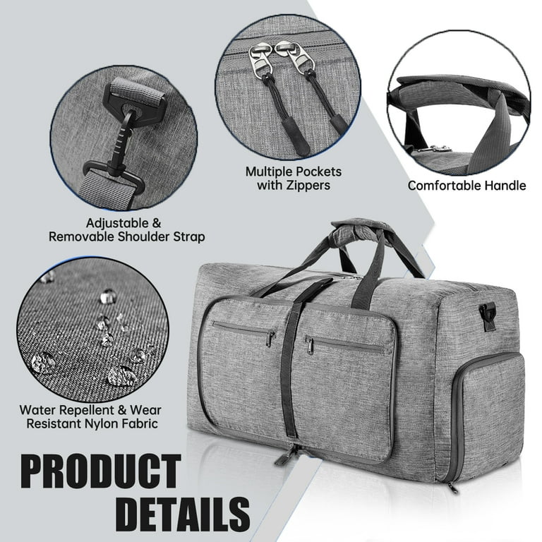 Travel Duffel Bag for Men, 65L Foldable Duffle Bags with Shoes Compartment,  Overnight Bag for Men Women Waterproof & Tear Resistant (Gray)