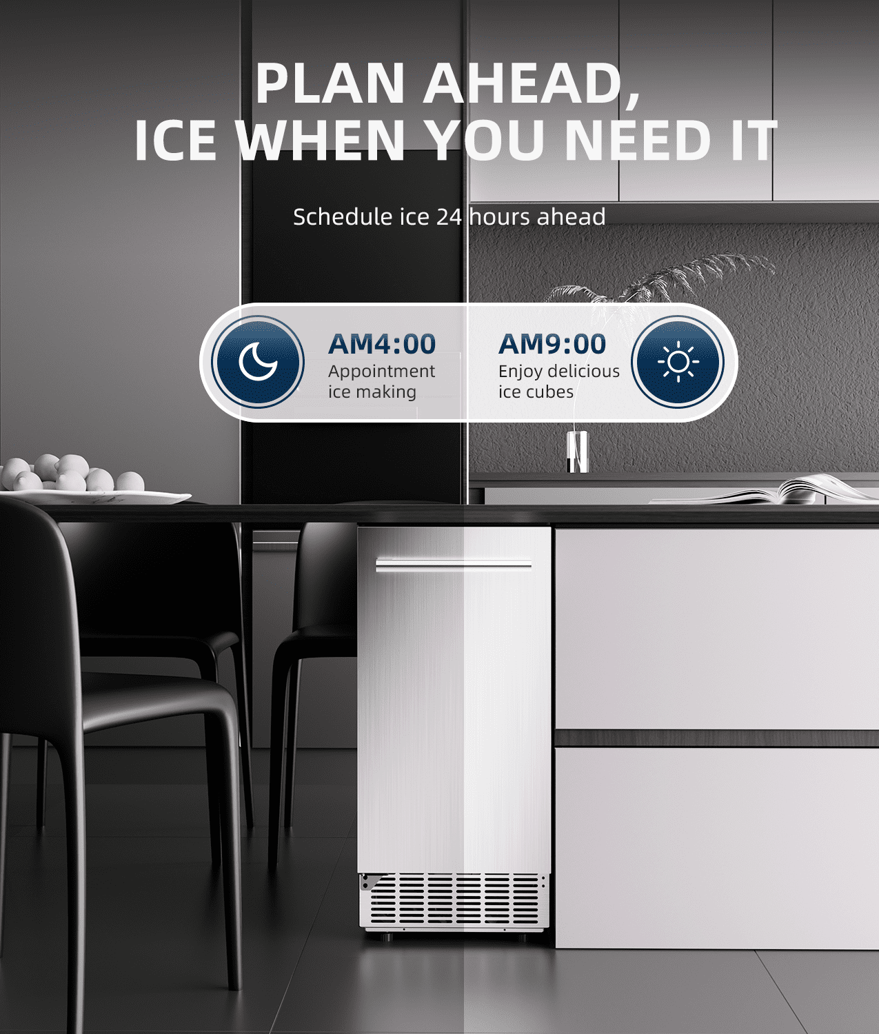 Ecozy Chillio Under Counter Commercial Ice Maker, Produces 80 lbs/24H with 24 lbs Storage Capacity, Built-In or Freestanding Design, Features Auto Self-Cleaning, 24H Timer, Smart LCD Control Panel