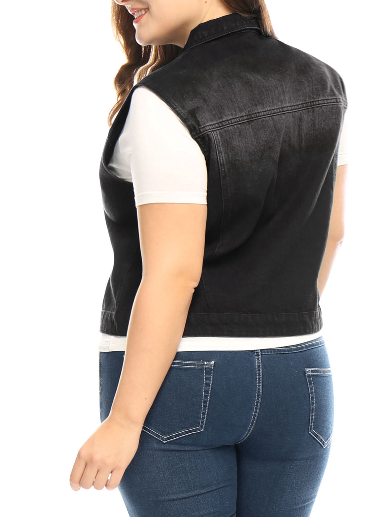 Unique Bargains Juniors' Plus Size Chest Pockets Single Breasted Denim Vest