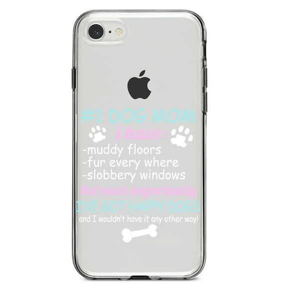 DistinctInk Clear Shockproof Hybrid Case for iPhone 7 8 SE (2020 Model) 4.7" Screen TPU Bumper Acrylic Back Tempered Glass Screen Protector - #1 Dog Mom - I've Got Happy Dogs