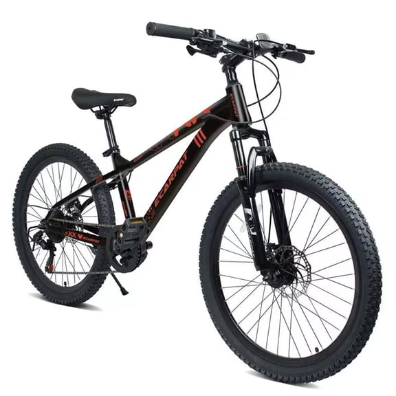 24 Inch 21 Speed Adult Outdoor Mountain Bike Steel Frame Front Suspension Dual Disc Brakes Non-Slip Tires Black Red