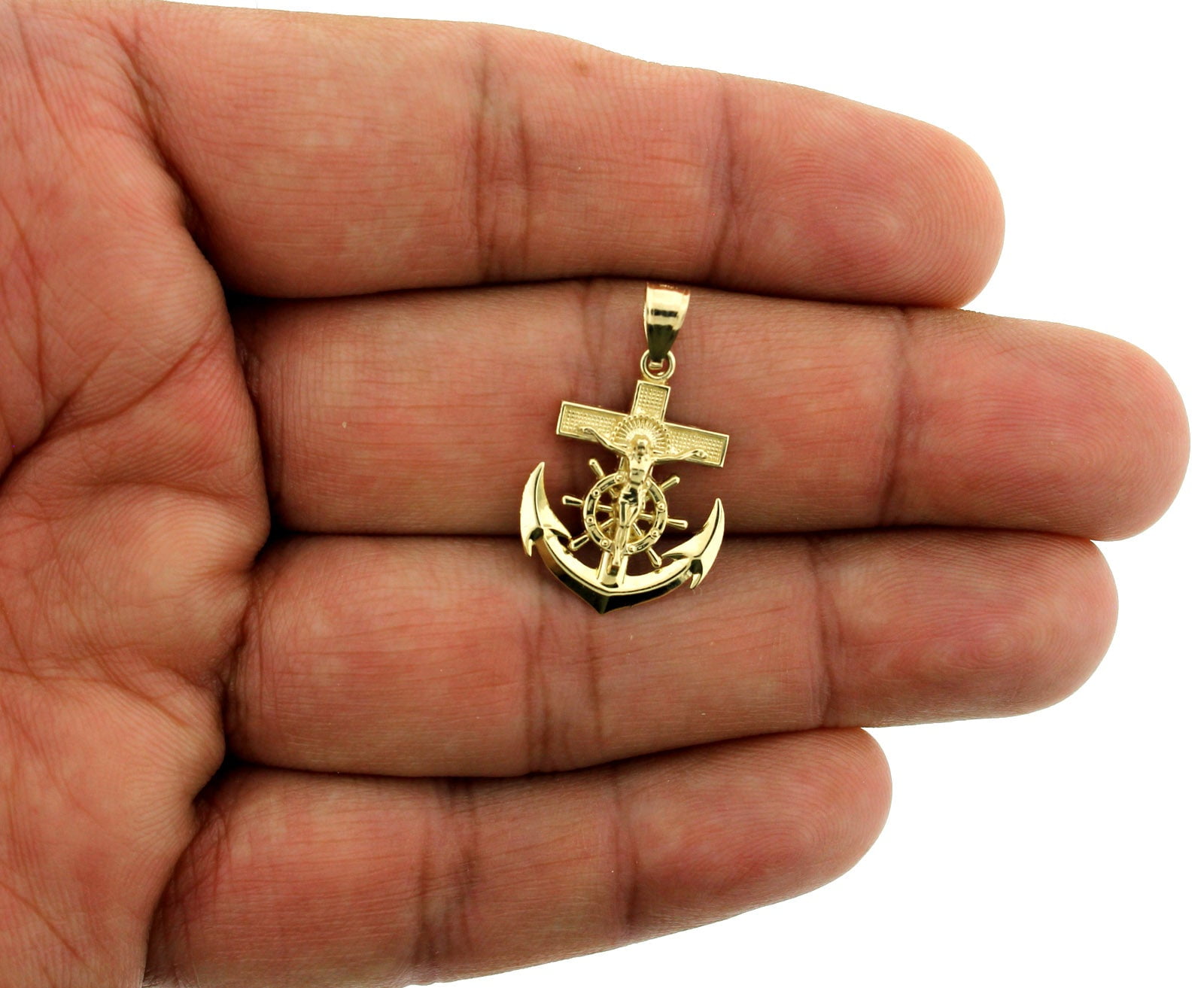 Real 10K Yellow Gold Mens Anchor Cross Pendant Diamond Cut Jesus