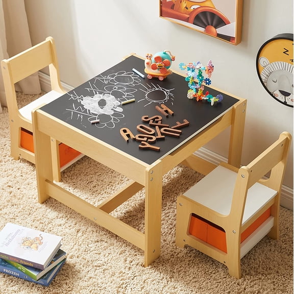Kids Table and Chair Set, 3 in 1 Wooden Activity Table with Storage Drawer for Toddlers Drawing, Reading, Crafts, 2 in 1 Detachable Tabletop Table Set for Nursery, Playroom