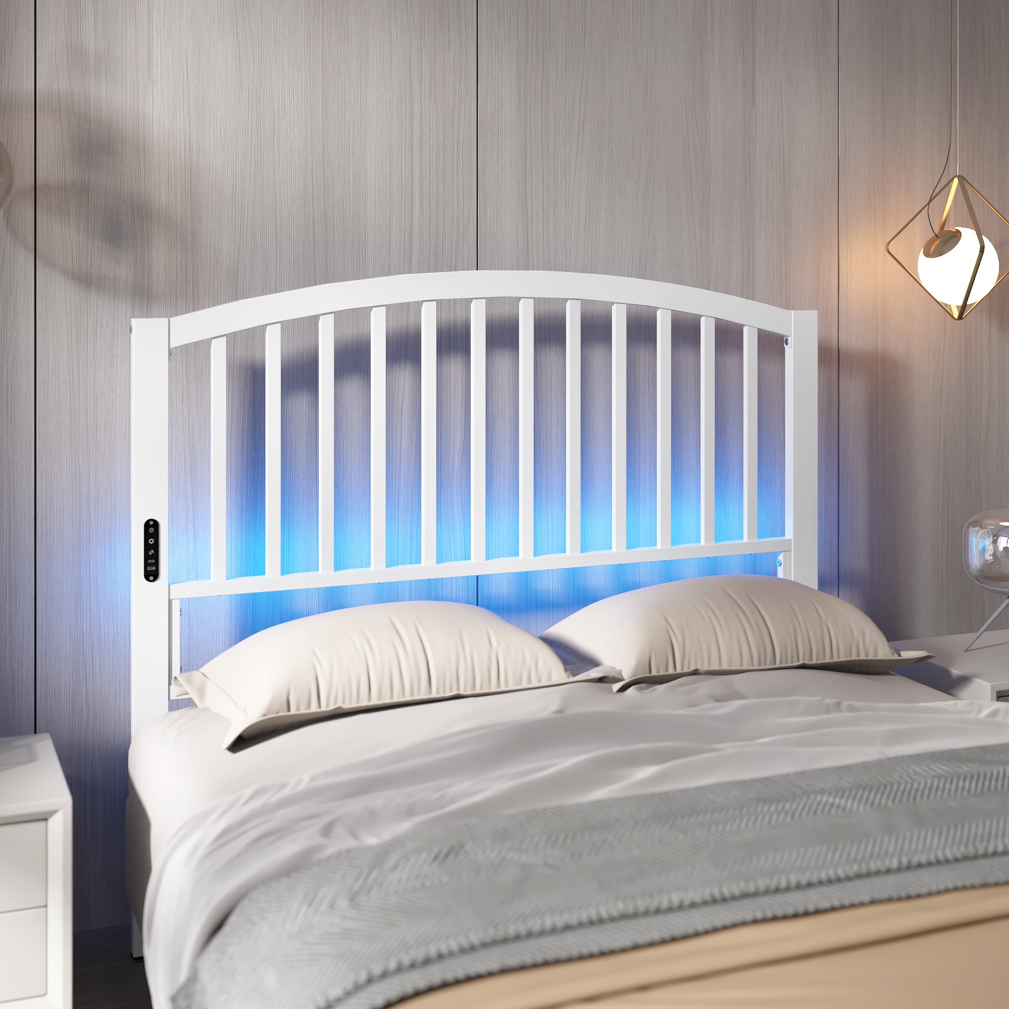 Yoneston 46.76” High Arc Metal Full Size Headboard with LED Light & Charging, Height Adjustable Metal Platform Bed Headboard – White