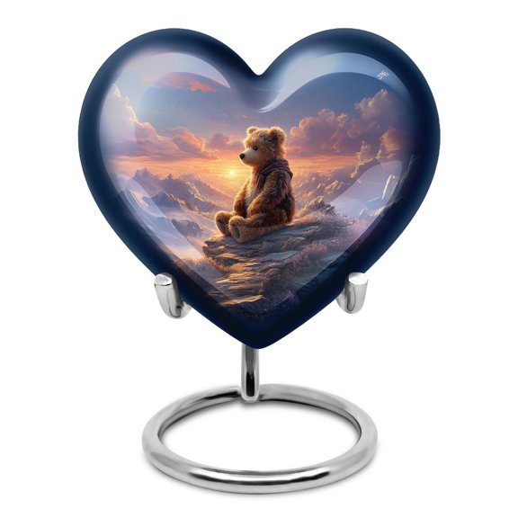 Yatskia Teddy Bear on Mountains Small Funeral Urns for Human Ashes Adult Male and Female, Little Memorial Urn for Ashes Adult, (Heart Pack of 1, 3 Inch)