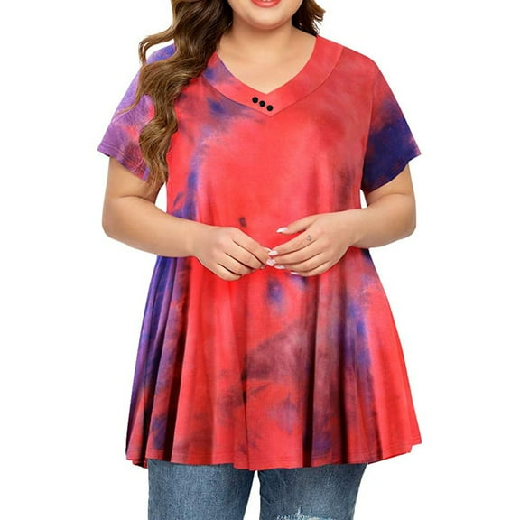 Summer Savings Clearance! EINCcm Womens Tops, Womens Plus Size Tops, Womens Tops and Blouses, Womens Casual Tops, Women's Tie-dye Print Short Sleeve V-neck Blouse Pleated Hem Shirt Red XXXL