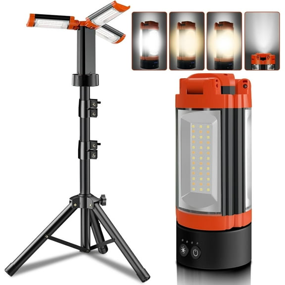 Rechargeable 12000mAh Camping Light with Adjustable Stand, Cordless Work Light with 3 LED Lamp Heads, 2200 Lumens Dimmable Magnetic Emergency Flashlight with Detachable Tripod, Orange