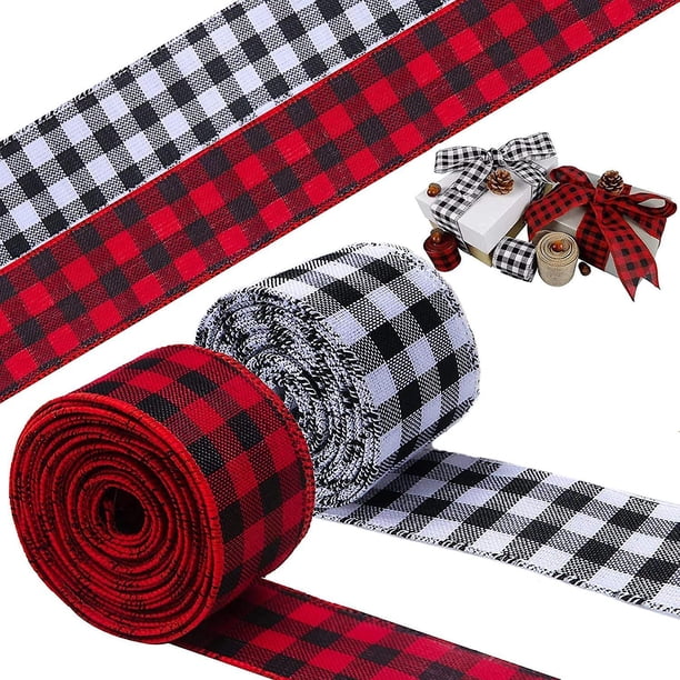 Cintas de cuadros navideños de 2 rollos, cintas de cuadros de búfalo blanco y negro para manualidades, envolver regalos, decoraciones artesanales de acción de gracias de Navidad, rojo y 11 Feliz Sencillez