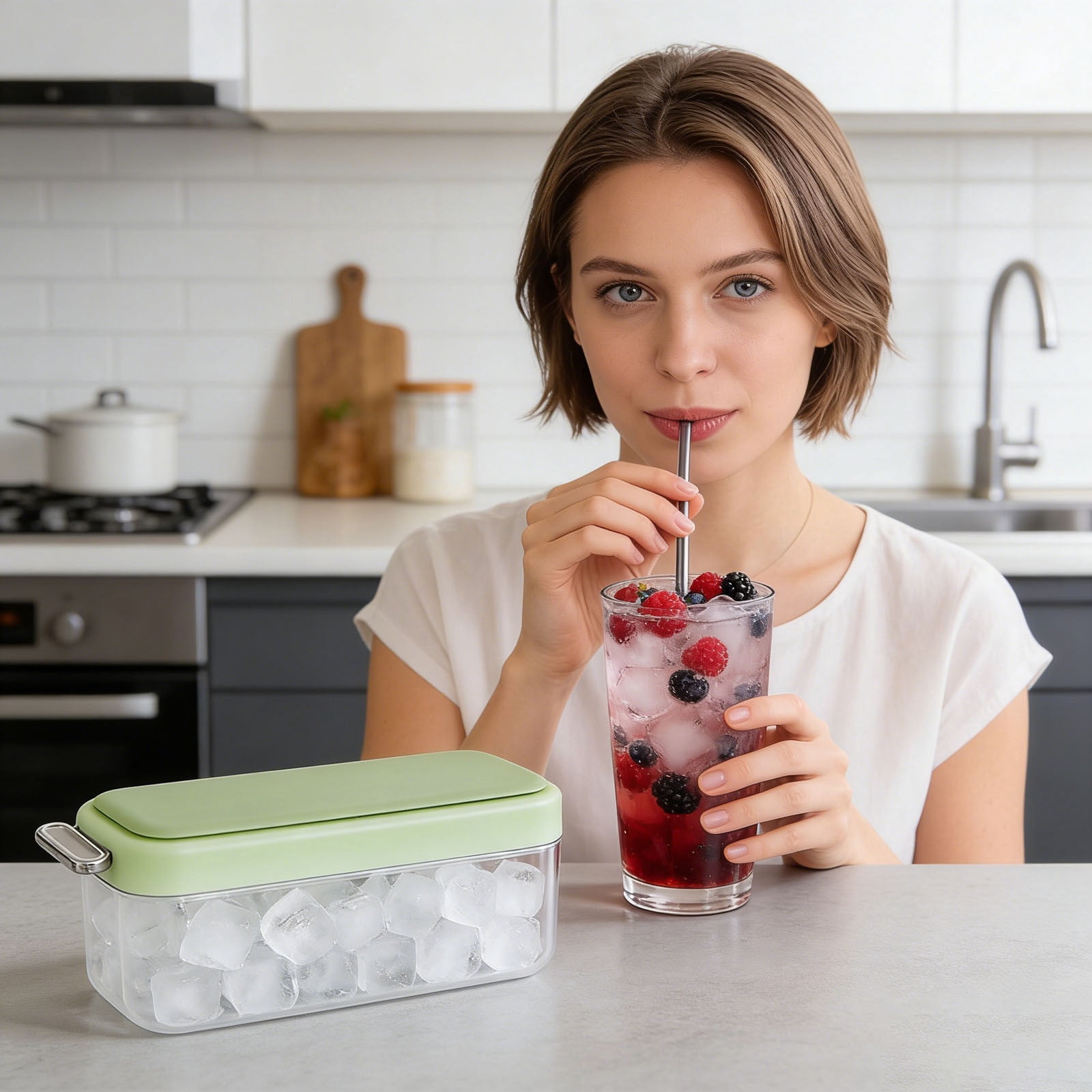 14-Cube Ice Cube Tray with Lid & Storage Bin, Green Press-Type Ice Maker with Sealed Cover, Food-Grade Ice Mold for Freezer, Cocktails, Coffee, Drinks, Home Kitchen Use