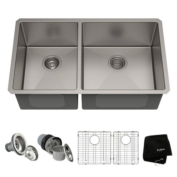 KRAUS Standart PRO 33-inch 16 Gauge Undermount 60/40 Double Bowl Stainless Steel Kitchen Sink, KHU104-33