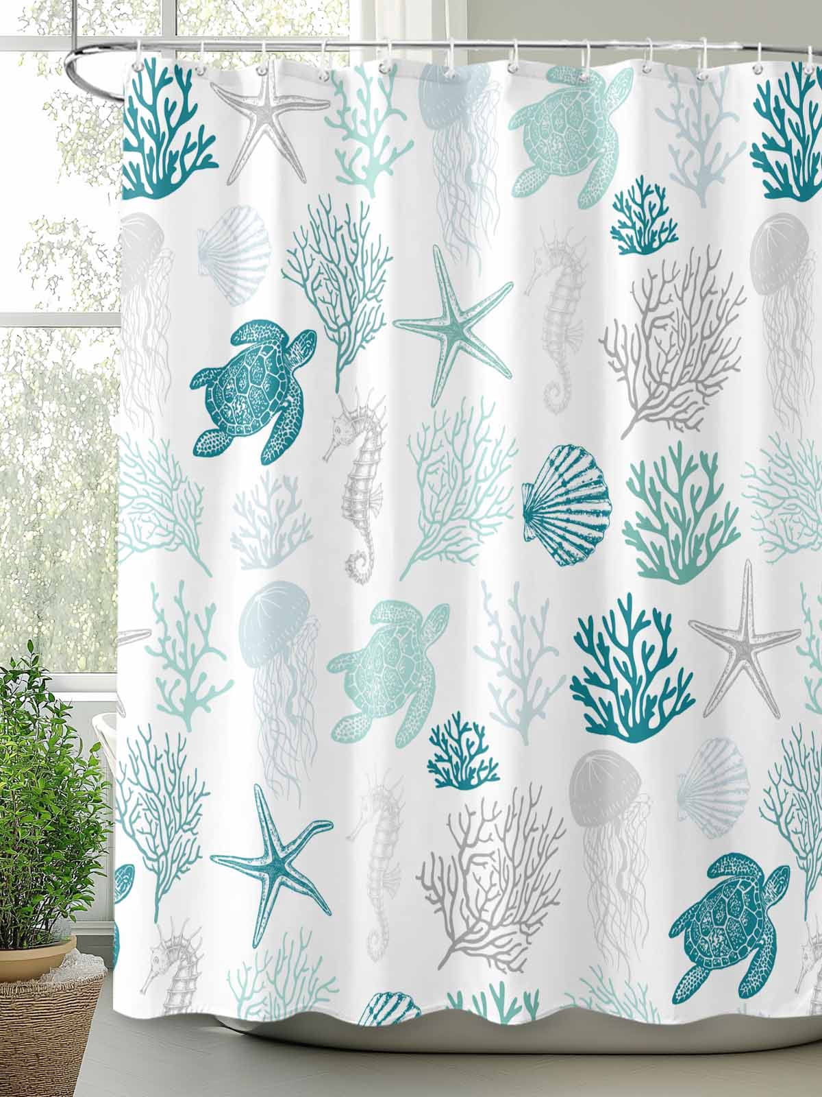 Turquoise Coastal Waterproof Fabric Shower Curtain, Nautical Summer Beach Coral Sea Turtle Shower Curtain for Bathroom Curtains Bathtubs Hotel Washable Shower Curtains with 12 Hooks Stall 48x72in