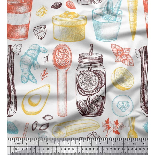 Soimoi polyester Crepe Fabric Vegetables,Jar & Cups Print Fabric by Yard 52 Inch Wide