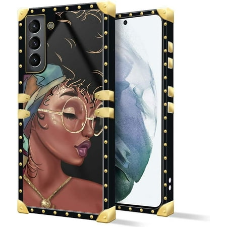Compatible with Samsung Galaxy S21 Plus Case, J African Black Fashion Girl Luxury Elegant Soft TPU Shockproof Protective Metal Decoration Corner Back Cover Case