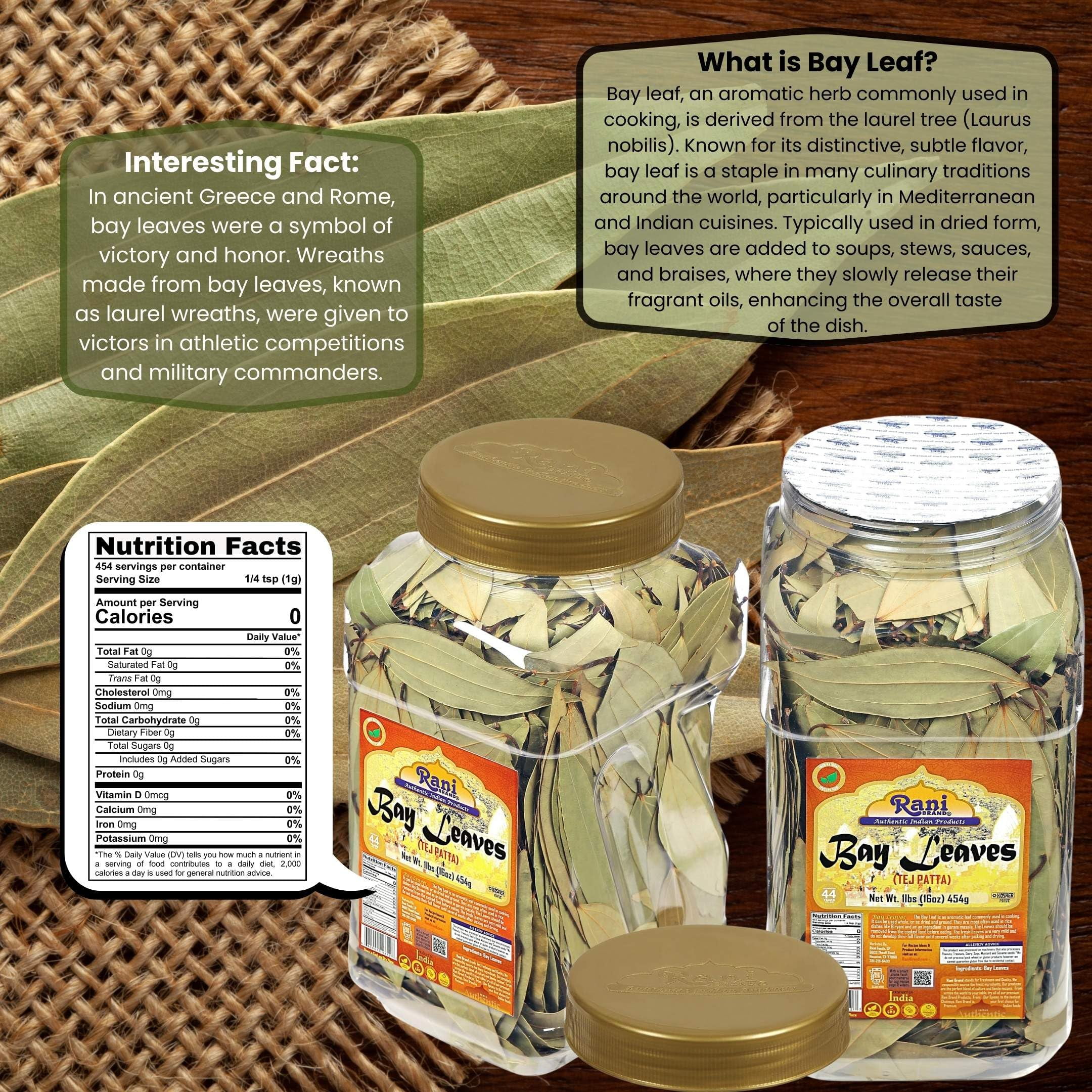 Rani Bay Whole Leaf (Leaves) Spice Hand Selected Extra Large 16oz (1lb) 454g Bulk PET Jar ~ All Natural | Gluten Friendly | NON-GMO | Vegan | Kosher | Indian Origin (Tej Patta)