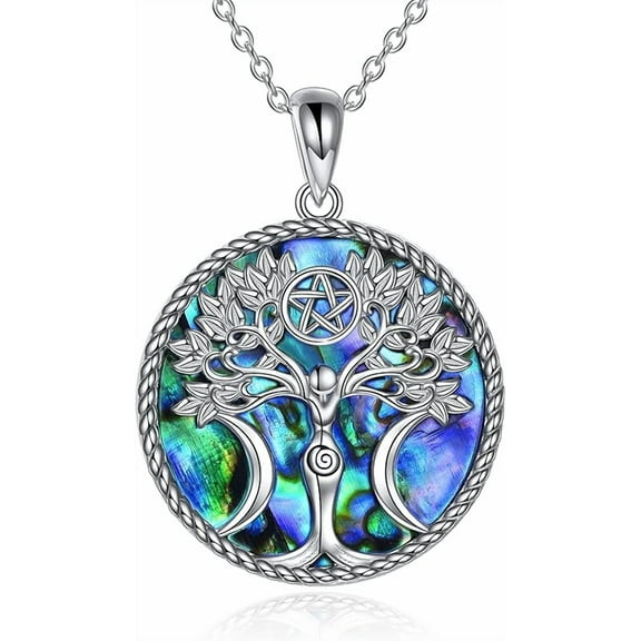 DOLIOX Tree of Life Necklace Sterling Silver Pentagram Pentacle Triple Moon Goddess Pendant Necklace Pagan Wiccan Magic Amulet Jewelry for Women Men